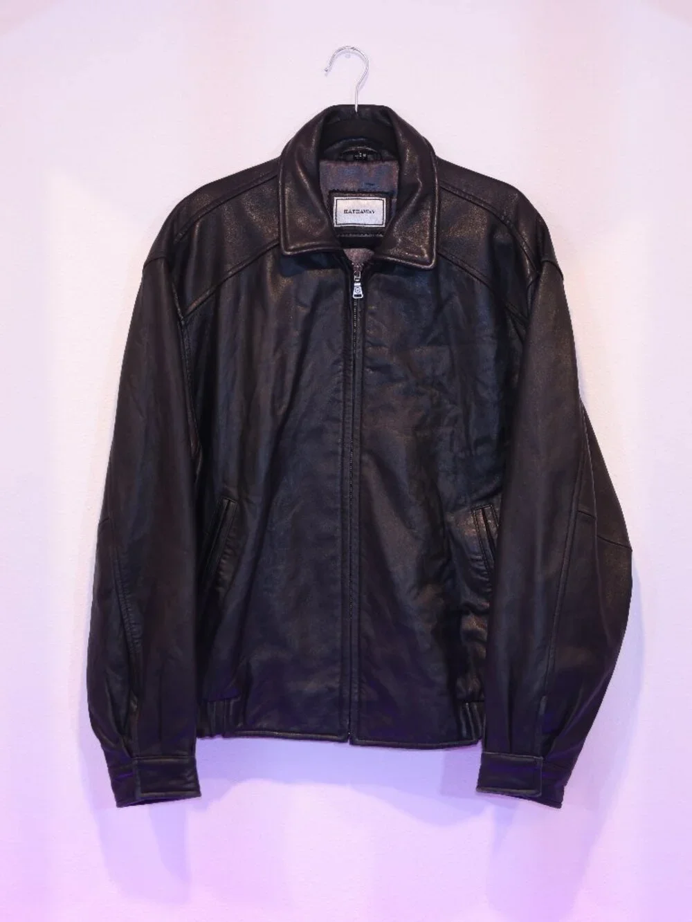 VINTAGE 1990s Hathaway Men's Unisex Black Leather Bomber Moto Jacket Size Large